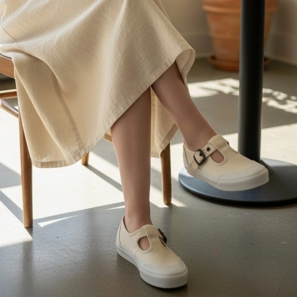 Vans Shoes - Vans Cream Slip-On Sneakers with Buckle